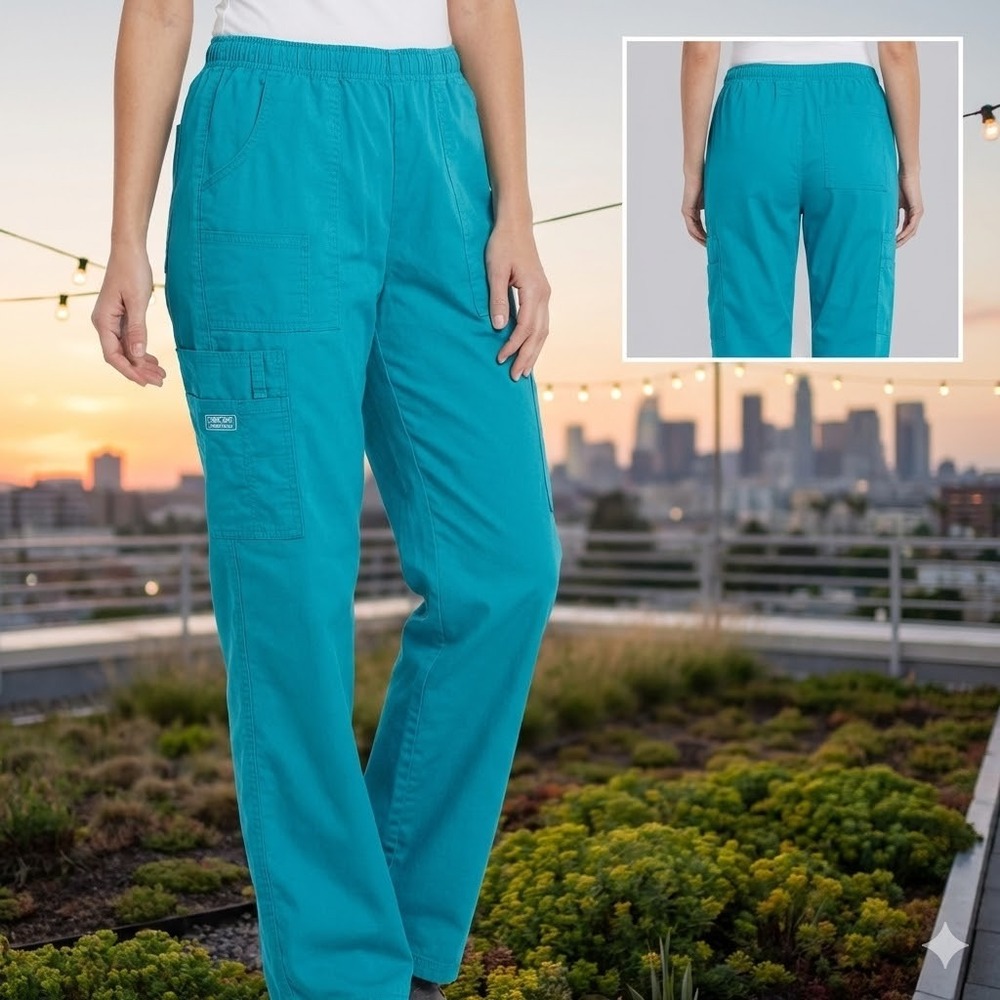 Cherokee Workwear Teal Cargo Scrub Pants Womens Large Elastic Waist Straight Leg